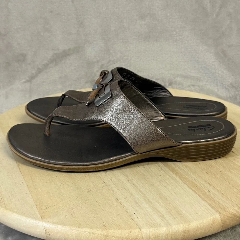 Clarks Collection Bronze Metallic Leather Thong Wedge Sandals Womens 10 26108928